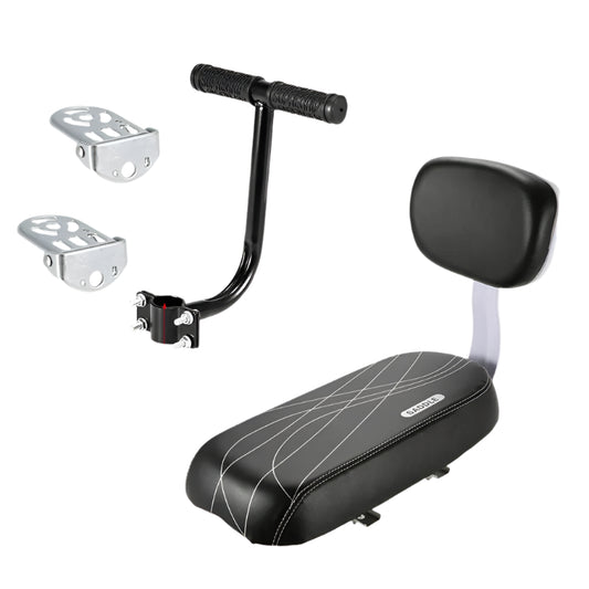 Black scooter seat with handlebar and attachments on a white background